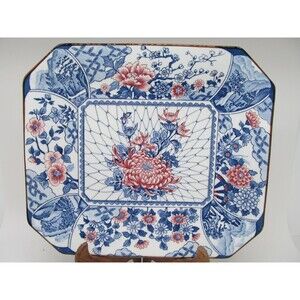 Japanese Imari Hand Painted Landscapes And Flowers 12" X 11" Rectangular Platter